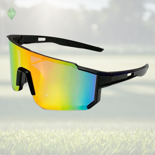 A pair of Sportiq Velocity Solar performance sunglasses with orange and green reflective lenses and black frame, UV400, polycarbonate frame with polycarbonate lens, displayed on a grass background.