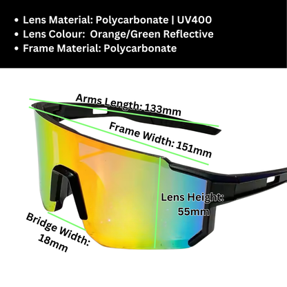 A pair of Sportiq Velocity Solar performance sunglasses with orange and green reflective lenses and black frame, UV400, polycarbonate frame with polycarbonate lens, displayed on a grass background.