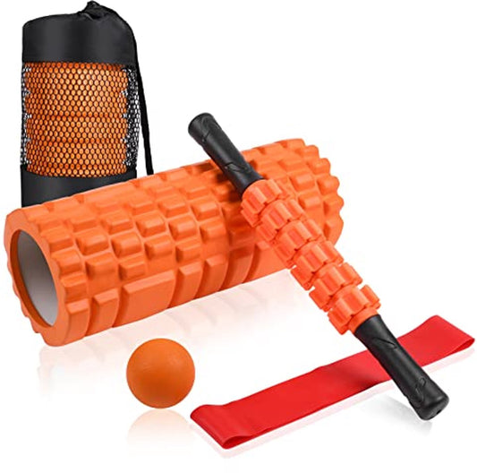 4 in 1 Foam Roller Set: Trigger Point Roller - Yoga Stick - Massage Ball - Fitness Stretching Band - Carrying Bag - Towel for Deep Muscle Massage - Pilates and Yoga