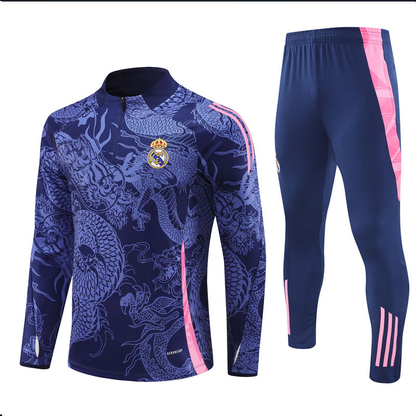 2425 New Real Madrid Football Long Sleeve Half Zip Adult & Kids Training Shirt Dark Blue Dark blue 16