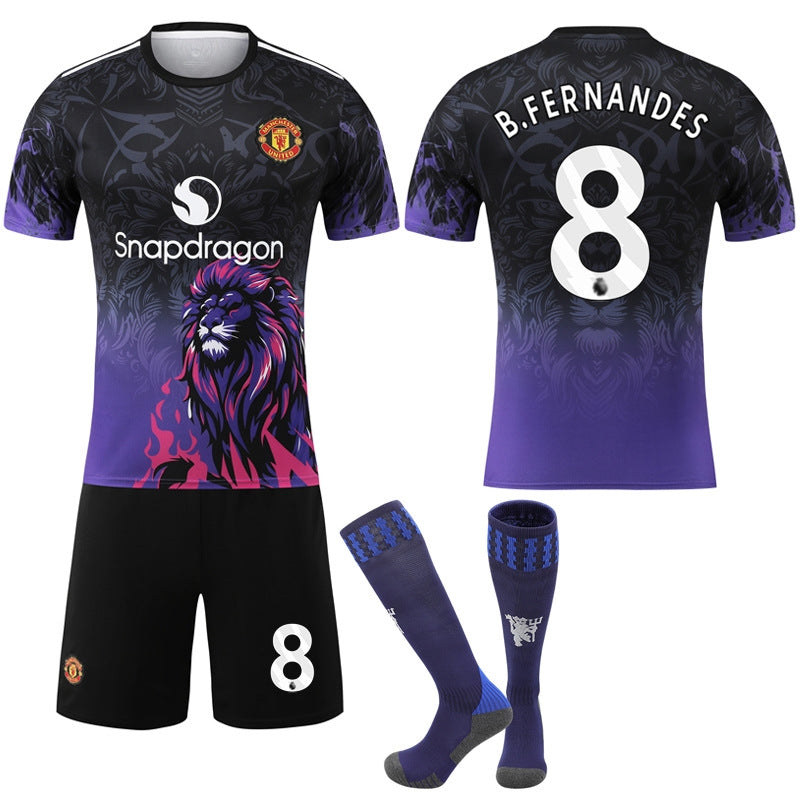 2526 Blue and Purple Lion Pattern Manchester United Special Edition Football Jersey Set - Perfect 8 B.FERNANDES #26 8 B.FERNANDES #26