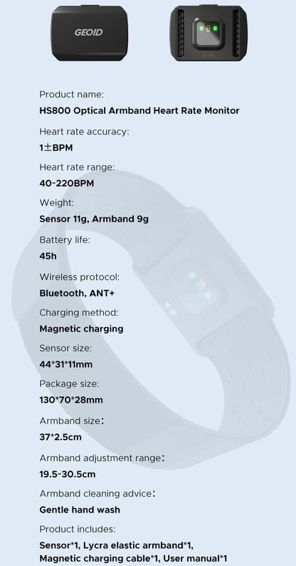 Optical Armband Heart Rate Monitor - Bluetooth & ANT+ Dual Protocol, IP67 Waterproof for Fitness Training(black)