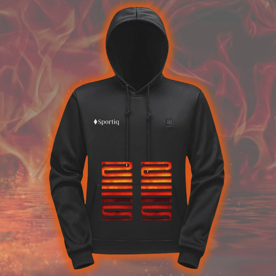 GIF with moving flames to showcase the heating function of a Black Sportiq HeatCore Hoodie, weatherproof with insulation and electric heated carbon fibre panels.